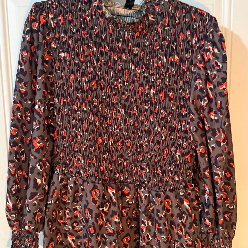 Smocked Long Sleeve Leopard Print Dress - Red & Black